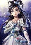  black_hair blue_eyes chest collarbone cure_white dress earrings elbow_gloves frills futari_wa_precure futari_wa_precure_max_heart gloves half_updo hand_on_another's_chest hand_on_own_chest hands heart jewelry long_hair magical_girl on open_mouth own precure ribbon solo sparkle yukishiro_honoka 