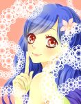  1girl aikatsu! bare_shoulders blue_hair flower hair_flower kazesawa_sora long_hair mole nail_polish red_eyes smile solo spica_(artist) wavy_hair 
