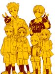  4boys child chris_redfield fingerless_gloves gloves grin hairband hand_holding headband helena_harper holding_hands hoodie jake_muller jewelry leon_s_kennedy locket monochrome multiple_boys multiple_girls pendant piers_nivans resident_evil resident_evil_2 resident_evil_6 sherry_birkin shorts skirt smile suspenders v yellow young yukimi1019 