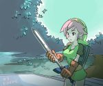  a_link_to_the_past breast_grab ear_stud ear_studs earrings genderswap gloves hat jewelry junkpuyo link master_sword pantyhose pink_hair pointy_ears shield sword the_legend_of_zelda tunic weapon 