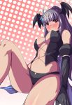  blue_hair blush breasts center_opening elbow_gloves gloves head_wings legs long_hair looking_at_viewer original polka_dot polka_dot_background red_eyes saiste solo 