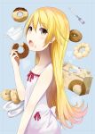  absurdres azunyan73 blonde_hair box cup doughnut dress fang food food_on_face fork highres long_hair monogatari_(series) nisemonogatari open_mouth oshino_shinobu plate solo teacup yellow_eyes 