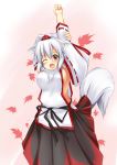  animal_ears armpits arms_up autumn_leaves blush breasts detached_sleeves fang hat hoshizuki_(seigetsu) inubashiri_momiji large_breasts long_sleeves looking_at_viewer no_bra open_mouth red_eyes shirt short_hair side_slit sideboob silver_hair skirt solo stretch tail tokin_hat touhou wide_sleeves wink wolf_ears wolf_tail 