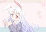 animal_ears blush bunny_ears carrot hair_ornament long_hair long_sleeves looking_at_viewer necktie purple_hair rabbit_ears red_eyes reisen_udongein_inaba shino_megumi smile solo touhou very_long_hair 