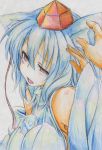  animal_ears bare_shoulders blush breasts bust colored_pencil_(medium) detached_sleeves hat highres inubashiri_momiji kitazinger open_mouth red_eyes short_hair solo tokin_hat touhou traditional_media white_hair wolf_ears 