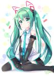  1girl 2016 :&lt; artist_name blush dated detached_sleeves green_eyes green_hair hatsune_miku highres long_hair looking_at_viewer necktie sitting skirt solo thigh-highs twintails very_long_hair vocaloid 