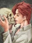  earrings jewelry jojo_no_kimyou_na_bouken kakyouin_noriaki koziraizu pink_hair red_eyes red_hair redhead skull solo 