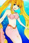  1girl bikini_top blonde_hair blue_eyes happy highres kopeta long_hair mermaid mermaid_melody_pichi_pichi_pitch monster_girl nanami_lucia navel shell shell_bikini solo twintails underwater 