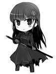  &gt;:o blush chibi long_hair lowres monochrome null_(nyanpyoun) sakamoto_mio sheath strike_witches sword unsheathing weapon 