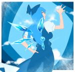  adult alternate_hair_length alternate_hairstyle blue_eyes blue_hair bow breasts cirno dress from_behind hair_bow hand_on_hip highres large_breasts long_hair open_mouth silhouette solo space_jin spacezin touhou wings 