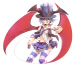  :d belt blue_(rbb) blue_eyes blue_hair collarbone hat highres holding large_wings looking_at_viewer microphone navel necktie open_mouth rainybluebell rojiko shirt short_hair simple_background skirt smile solo striped striped_legwear thigh-highs thighhighs top_hat white_background white_shirt wings 