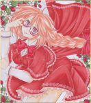  adjusting_glasses amedama_(mikan_ame) bespectacled bowtie braid cape capelet doily flower food fruit glasses hair_ribbon long_hair long_sleeves marker_(medium) millipen_(medium) okazaki_yumemi pink_hair purple_eyes ribbon shikishi single_braid skirt skirt_set solo strawberry touhou touhou_(pc-98) traditional_media violet_eyes 