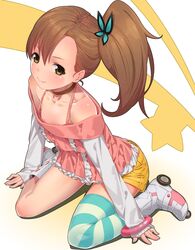  ama_mitsuki bare_shoulders blush brown_hair butterfly_hair_ornament chousoku_henkei_gyrozetter collarbone down_blouse hair_ornament inaba_rinne long_hair roller_skates shorts side_ponytail single_thighhigh sitting skates smile solo star striped striped_legwear thigh-highs thighhighs wariza yellow_eyes 