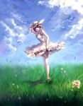  :d absurdres arm_up brown_hair dress flower grass hat highres hmniao leg_up open_mouth original paper_airplane purple_eyes short_hair sky smile solo violet_eyes white_dress 