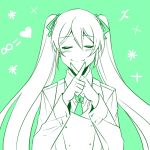  blush closed_eyes eyes_closed green_background hatsune_miku heart ktsis long_hair no_nose smile solo twintails vocaloid 