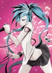  blue_eyes blue_hair bracelet brancelet hatsune_miku jewelry jinbei long_hair microphone miniskirt ring singing skirt tatoo tattoo twintails very_long_hair vocaloid 