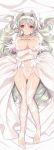  agarest_senki_mariage bed_sheet blade_(lovewn) character_request dress earrings elf garter_straps gloves highres jewelry light_smile long_hair lying necklace official_art on_back panties pointy_ears red_eyes silver_hair solo thigh-highs thighhighs titania_(agarest_senki) underwear wedding_dress white white_panties 