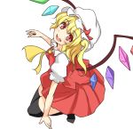  black_legwear flandre_scarlet fukunaga_kazuhiro hat highres looking_at_viewer open_mouth red_eyes simple_background smile solo thigh-highs thighhighs touhou white_background wings 