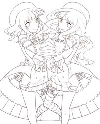  1girl beads beret detached_sleeves dress elbow_gloves fingerless_gloves flower formal furfur gloves hand_holding hat holding_hands jewelry lineart long_hair mismatched_legwear monochrome ribbon rose symmetry thigh-highs thighhighs towa1 trap umineko_no_naku_koro_ni zepar 