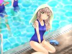  brown_hair highres long_hair original pool poolside sitting solo_focus swimsuit towel water wet yellow_eyes 