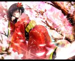  black_hair butterfly cherry_blossoms flower hair_ornament highres japanese_clothes kimono letterboxed long_hair looking_at_viewer looking_back lying obi on_stomach original petals red_eyes reio_reio smile solo tree 