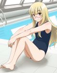  barefoot blonde_hair blush brown_eyes feet glasses long_hair one-piece_swimsuit perrine_h_clostermann pool poolside sitting smile solo strike_witches swimsuit water youkan 