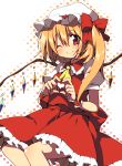  1girl blonde_hair blush bow flandre_scarlet halftone halftone_background hat hat_bow heart heart_hands looking_at_viewer oniku-chan puffy_sleeves red_eyes shirt short_sleeves side_ponytail skirt skirt_set smile solo touhou vest wings wink wrist_cuffs 