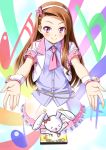  blush brown_eyes bunny idolmaster long_hair looking_at_viewer minase_iori miri_(ago550421) musical_note no_legs outstretched_arm pink_eyes rabbit skirt smile solo wrist_cuffs 