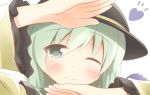  blush green_eyes green_hair hat heart komeiji_koishi ran_(9ens2000) short_hair smile solo touhou wide_sleeves wink 