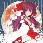  alternate_eye_color alternate_hair_color asa_(coco) bow detached_sleeves gohei hair_bow hair_tubes hakurei_reimu long_hair purple_eyes purple_hair smile solo touhou violet_eyes wide_sleeves 