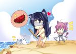  animal_ears beach bikini blindfold blush cat_ears chibi copyright_request food fruit heart hikanyan multiple_girls smile swimsuit watermelon |_| 