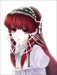  bow dress frills gothic_lolita hair_ribbon highres lolita_fashion lolita_hairband long_hair persona persona_3 red_hair redhead ribbon shino_haruto simple_background solo yoshino_chidori 