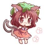  animal_ears brown_eyes brown_hair cat_ears cat_tail chen chibi dress frills hat jewelry lowres multiple_tails ryogo single_earring solo tail touhou 