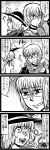  1boy 1girl 4koma ahoge bow check_translation closed_eyes comic enokuma_u-ta eyeball eyes_closed glasses hat hat_bow highres komeiji_koishi monochrome morichika_rinnosuke musical_note open_mouth reading surprised third_eye touhou translation_request 