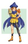  alena_(dq4) bandage bandages belt blood brown_eyes brown_hair cape championship_belt dragon_quest dragon_quest_iv dress hand_on_hip hat highres injury long_hair pantyhose shoes skirt smile solo torn_clothes torn_pantyhose tsukumo-abe wink yellow_dress 