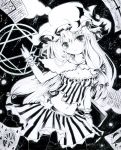  absurdres adapted_costume breasts cleavage crescent dress hair_ribbon hat highres magic_circle millipen_(medium) monochrome navel patchouli_knowledge ribbon smile solo star thigh-highs thighhighs torajirou touhou traditional_media wrist_cuffs 