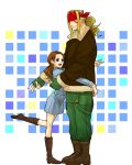  1girl age_difference alex blonde_hair bomber_jacket boots brown_hair facial_tattoo frogcage hair_ornament hairclip headband height_difference hug leg_lift long_hair overalls patricia_(street_fighter) ponytail raincoat smile street_fighter street_fighter_iii tattoo 