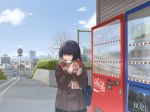  blazer brown_hair can cityscape closed_eyes coca-cola eyes_closed original road scarf school_uniform short_hair sign skirt sneezing solo steam vending_machine yuugure 