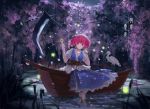  absurdres bird boat coin crane_(animal) hair_bobbles hair_ornament highres onozuka_komachi pink_eyes pink_hair red_eyes red_hair redhead riko233 scythe short_twintails solo touhou tree twintails water 