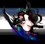  bird_wings boots bullpup cape crossed_legs fingerless_gloves gloves hair_ribbon highres jewelry legs_crossed long_hair naked_cape necklace nude open_mouth p90 red_eyes red_hair redhead reiuji_utsuho ribbon sitting slit_pupils solo touhou wings yaruku 