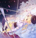  blonde_hair corset detached_sleeves dotted_outline drill_hair gun hair_ornament hat la-na lying magical_musket mahou_shoujo_madoka_magica on_back petals skirt solo thigh-highs thighhighs tomoe_mami twin_drills vertical-striped_legwear vertical_stripes weapon yellow_eyes 