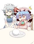  2girls apron ascot bat_wings blue_dress blue_hair braid brooch chair closed_eyes dress eyes_closed fang fork ghost izayoi_sakuya jewelry knife maid maid_headdress multiple_girls open_mouth pink_dress plate puffy_sleeves red_eyes remilia_scarlet shirt short_hair silver_hair sitting surprised table touhou tsukigi twin_braids waist_apron wings 