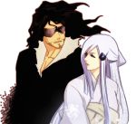  1girl black_hair bleach bleach:_zanpakutou_ibun_hen ktsis long_hair simple_background sode_no_shirayuki sunglasses white_background zangetsu 