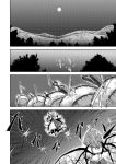  battle comic crescent_moon flying fox_tail hat kunai monochrome moon multiple_girls multiple_tails no_hat no_headwear remilia_scarlet tail touhou weapon wings yakumo_ran yokochou 