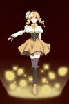  beret blonde_hair boots bottleribbon breasts corset detached_sleeves drill_hair fingerless_gloves gloves hair_ornament hat magical_girl mahou_shoujo_madoka_magica outstretched_arm pleated_skirt skirt solo tomoe_mami vertical-striped_legwear vertical_stripes yellow_eyes 