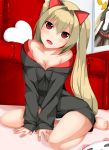  animal_ears ayase_tamaki barefoot between_legs blonde_hair blush breasts cat_ears cleavage couch fang feet head_tilt highres hoodie long_hair open_mouth original panties picture_(object) red_eyes side_ponytail sitting sleeves_past_wrists solo underwear wariza white_panties 