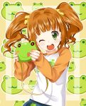  ;d bag danzero frog green_eyes idolmaster open_mouth orange_hair purse smile solo takatsuki_yayoi twintails wink 