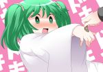  bandaid blush commentary embarrassed green_eyes green_hair hair_bobbles hair_ornament hammer_(sunset_beach) hands kisume long_sleeves open_mouth short_hair solo sweatdrop touhou twintails wide_sleeves 