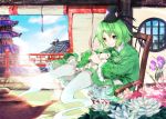  building chair dress east_asian_architecture flower ghost_tail green_dress green_eyes green_hair hat highres indoors makuwauri parted_lips short_hair sitting sky smile soga_no_tojiko solo tate_eboshi teapot touhou window 