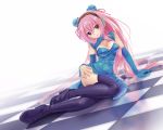  boots china_dress chinese_clothes double_bun headphones hiroki_shin long_hair looking_at_viewer megurine_luka multiple_girls nail_polish on_side pink_hair red_eyes sitting smile solo thigh-highs thigh_boots thighhighs vocaloid 